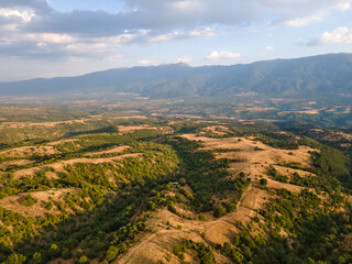 Obraz premium Aerial sunset view of Ograzhden Mountain, Bulgaria