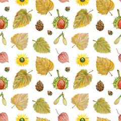 Watercolor seamless autumn pattern with leaves, flowers, chestnuts, nuts and seeds