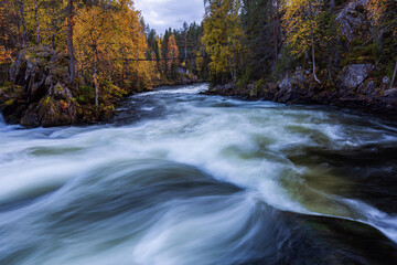 Beautiful autumn landscape with the river and bridge, Oulanka National park, Finland