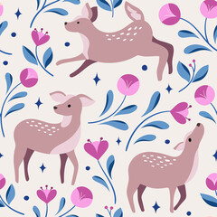 Vector decorative Christmas seamless pattern. Cute illustration with deer, leaves, xmas elements for greeting cards, social media post, print design.