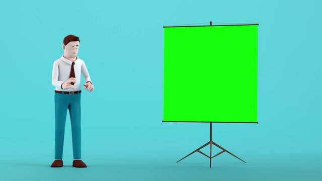 The business man is come to scene and explaining with green screen board for easy change picture on it.Cartoon occupation conceptual with 3d rendering include alpha path proress codec.
