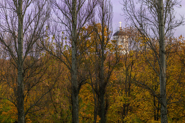Naklejka na ściany i meble An old church behind autumn trees on background of blue cold sky.