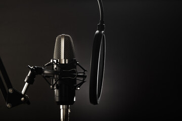 Studio microphone on a light gray background. Recording in a professional recording studio. Vocals,...