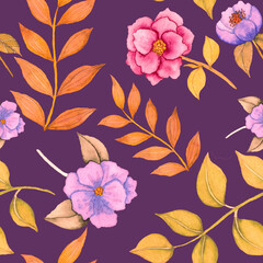 Watercolor seamless pattern with flowers. Vintage floral pattern. Flower seamless pattern. Botanical art. Floral botanical collection. Wedding floral set. Watercolor botanical design.	