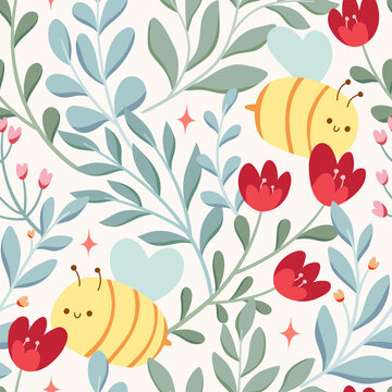 Cute vector seamless pattern with bees and flowers. Decorative floral background for fabrics, textile.