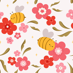 Vector seamless pattern of cute bees and flowers. Modern floral background. Decorative botanical texture for fabric, textile,  wallpaper, design.