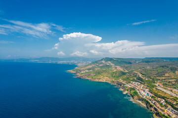 Aerial view of Castelsardo town coastline in Sardinia, Italy