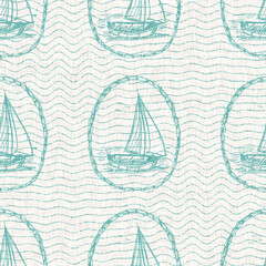 Fototapeta na wymiar Aegean teal sailboat linen nautical seamless background with wave texture. Summer coastal living style home decor. Marine sailing yacht regatta style. Turquoise blue dyed washed textile pattern.