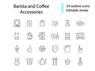 Professional barista accessories outline icons set. Drink making appliance.Editable stroke. Isolated vector illustration