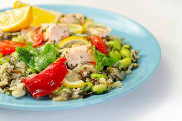 Pieces of cooked salmon and edamame soya beans with red pepper  and baby leaf spinach, served with brown long grain rice with lemon peel and ginger, soya, honey and black fungus mushroom sauce
