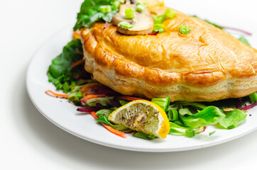 Steak and ale pasty, British steak with ale, potato and leek, wrapped in puff pastry