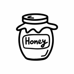 Vector jar of honey for kitchen isolated on white background. Funny, cute Illustration for seasonal design, textile, decoration kids playroom or greeting card. Hand drawn prints and doodle Stay home.