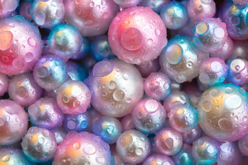Beautiful background with pearl pearls, top view. Abstract texture for festive backgrounds. Shiny...