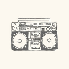 Retro Vintage Radio Music Tape Recorder Hand Drawn Illustration Drawing