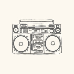 Retro Vintage Radio Music Tape Recorder Hand Drawn Illustration Drawing