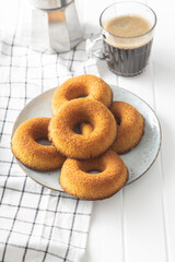 Round sponge cake dessert. Sweet donut.