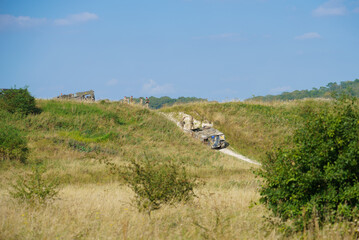 British army MAN SX45 32.430 8x8 Recovery Vehicle preparing to crane a REME COY FV432 Bulldog on a...