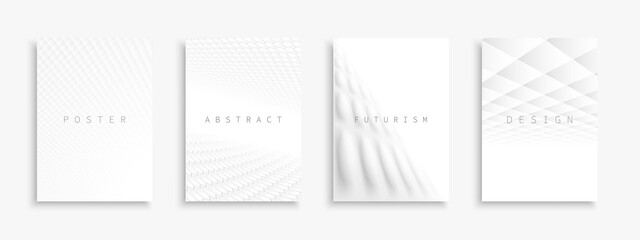 Collection of vector light abstract contemporary templates, covers, placards, brochures, banners, flyers, backgrounds. White futuristic creative design with 3d shapes and vision perspective