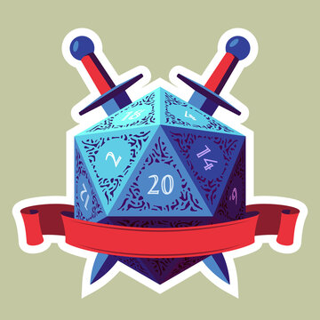Blue D20 Die With Red Ribbon and Swords. Flat Style
