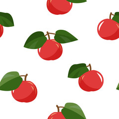 Seamless vector pattern with red apples and leaves isolated on a white background. Fruits pattern. 