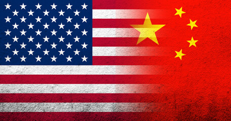 United States of America (USA) national flag with China National flag. Grunge background