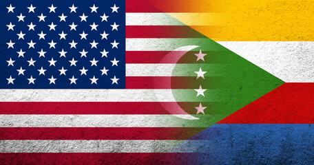 United States of America (USA) national flag with Comoros National flag. Grunge background
