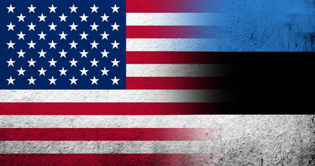 United States of America (USA) national flag with Estonia national flag. Grunge background
