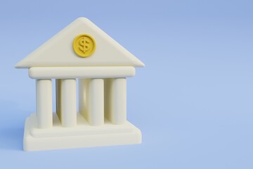 Facade of a bank building with columns and currency. 3d render