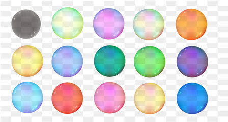 Realistic soap bubbles. 3D. Set of multi-colored volumetric bubbles or spheres.
Vector. Realism. Transparent colored balls. Inflatable balls. White background.
Balloons. Isolated.
