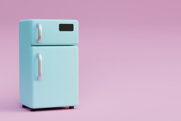 blue refrigerator with metal handles on a pink background, 3d render