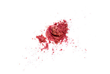 Peach and Gold colored pigment. Loose cosmetic powder. Coral eyeshadow pigment isolated on a white...