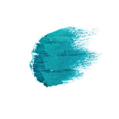 Turquoise colored pigment. Loose cosmetic powder. Blue eyeshadow pigment isolated on a white background, close-up - obrazy, fototapety, plakaty