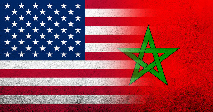 United States of America (USA) national flag with Morocco National flag. Grunge background
