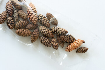 pine cones in a plastic wrapper