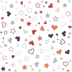 Colorful geometric stars, hearts background. Abstract pattern background. Shapes pattern. Colorful wrapping paper.