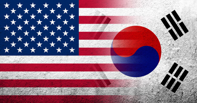 United States of America (USA) national flag with National flag of South Korea. Grunge background