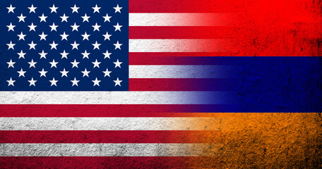 United States of America (USA) national flag with Republic of Armenia. Grunge background
