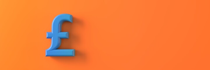 The symbol of the British currency on an orange background. 3D visualization