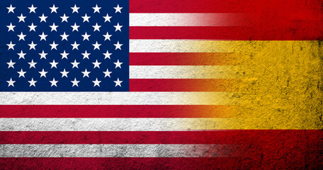 United States of America (USA) national flagwith Kingdom of Spain National flag. Grunge background