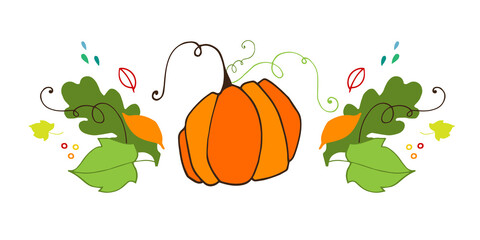 Vector set of pumpkin, leaves and curls. Isolated on white background. Illustration for restaurant menu, cosmetics, health care products, wrapping paper, post cards, advertising, packaging.