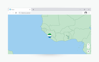 Browser window with map of Sierra Leone, searching  Sierra Leone in internet.