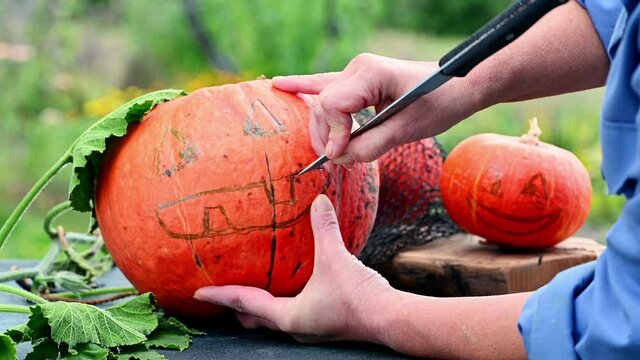 Hands carves a scary halloween pumpkin. Making pumpkin decor for Halloween. Preparation for celebration. Preparing halloween pumpkin. Jack-O-Lantern