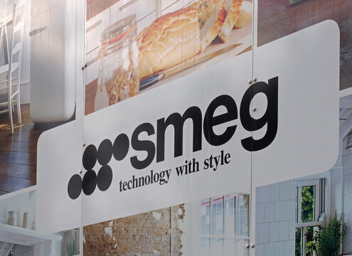 leeds, west yorkshire, united kingdom - 25 august 2021: smeg kitchen appliance slogan and logo on the yorkshire gas showroom on lady lane in leeds