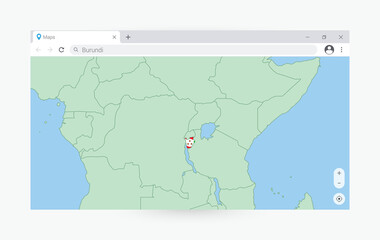 Browser window with map of Burundi, searching  Burundi in internet.