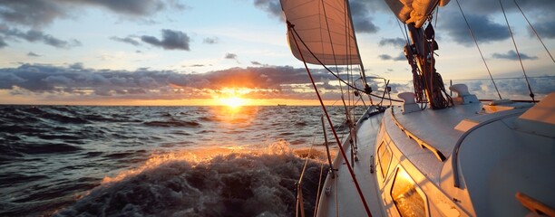 Yacht sailing in an open sea at sunset. Close-up view of the deck, mast and sails. Clear sky after the rain, dramatic glowing clouds, golden sunlight, waves and water splashes, cyclone. Epic seascape - obrazy, fototapety, plakaty