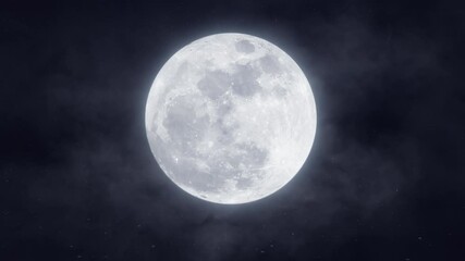 Bright glowing full moon in the sky. Moving fog and clouds. Mystery Moonshine. Dark blue night, evening sky. Halloween mood. Seamless loop aerial clip. 3D render. 4K animation - Powered by Adobe