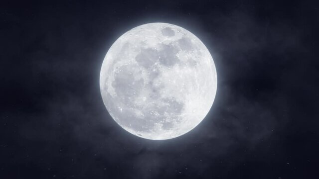 Bright glowing full moon in the sky. Moving fog and clouds. Mystery Moonshine. Dark blue night, evening sky. Halloween mood. Seamless loop aerial clip. 3D render. 4K animation