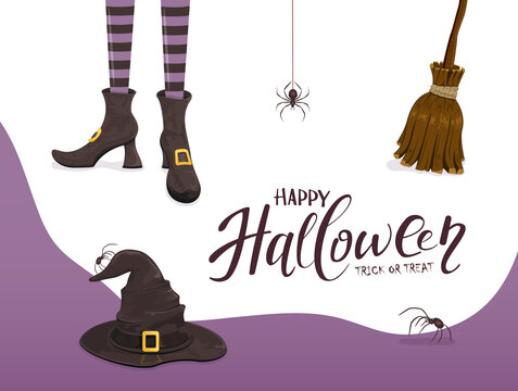 Purple Halloween Background with Witches Legs and Hat