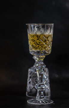 Crystal glass of traditional Georgian chacha brandy on a table