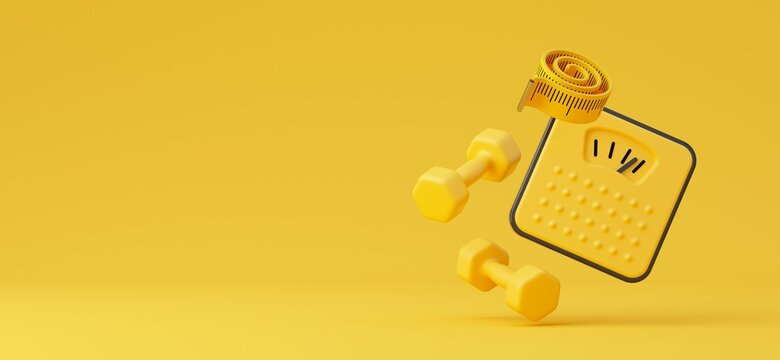 Dumbbells, scales and measuring tape for the body on yellow background. 3d rendered illustration.